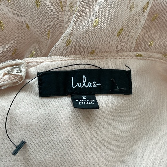 Lulu’s Blush Pink with Gold Dots Tiered Sleeveless Tulle Mini Dress. Size Small - Picture 9 of 12